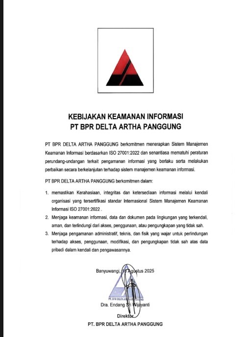 Kebijakan Keamanan Informasi PT BPR DELTA ARTHA PANGGUNG